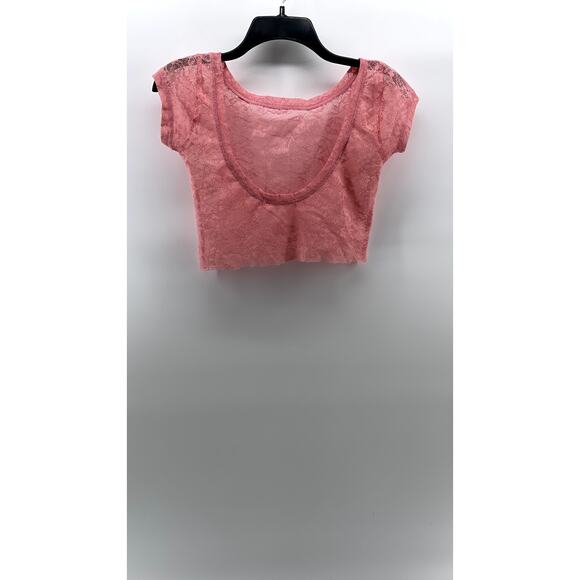 UNBRANDED Women's Light Pink Crewneck Lace Short Sleeve Cropped Top SZ XS - Picture 3 of 10